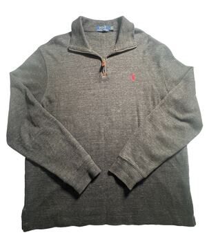 Polo Ralph Lauren Men’s Large Gray Quarter Zip Pullover Red Pony Leather Pull
